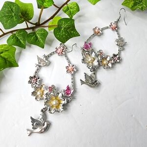 Statement Silver Drop Hoop Earrings with Flowers Doves Faux Pearls
